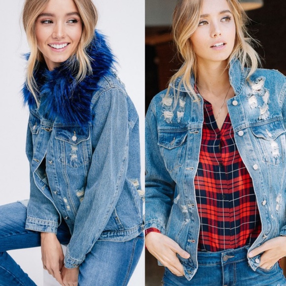 blue faux furChic Distressed denim jean jacket